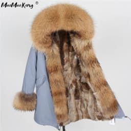 Maomaokong Women's Winter Coat with Natural Raccoon Fur Collar And Natural Rabbit Fur Lining in Red Army Green