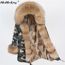 Maomaokong Women's Winter Coat with Natural Raccoon Fur Collar And Natural Rabbit Fur Lining in Red Army Green