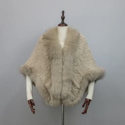 Women 100% Real Rabbit Fur Cape with Fox Fur Collar Winter Warm Knitted Cloak Rabbit Fur Poncho Girls Party Fashion Shawl Scarf