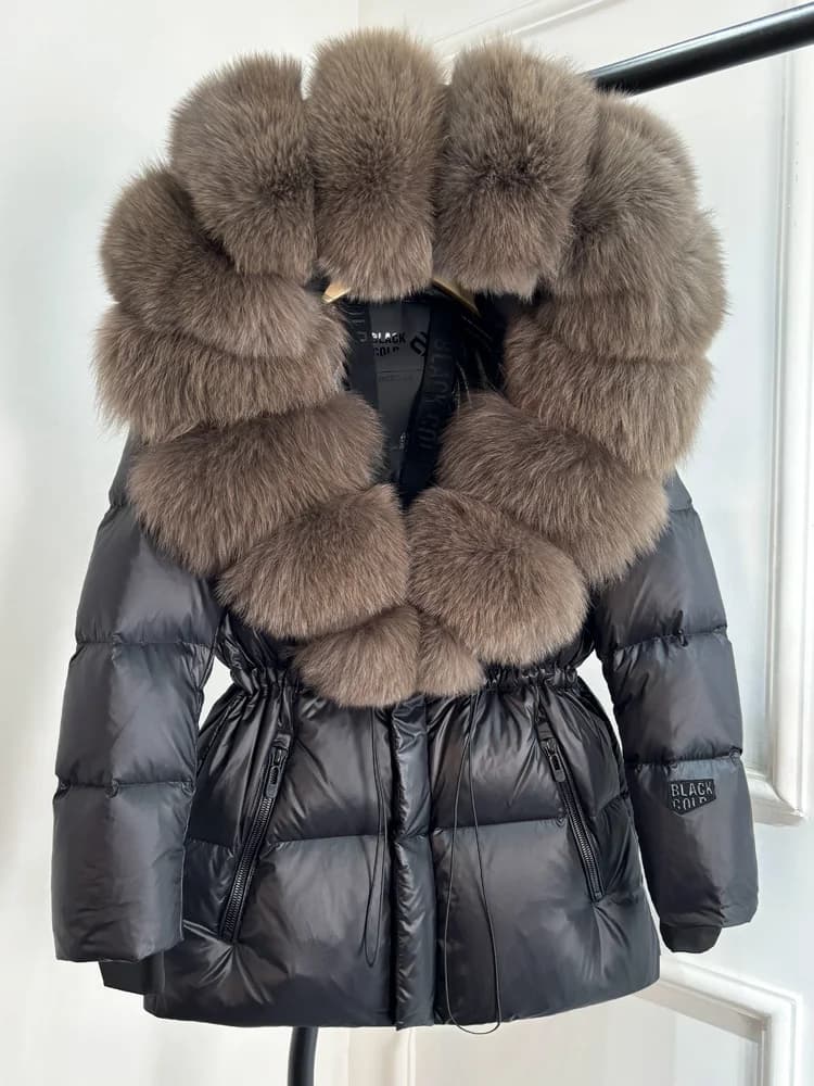 2025 New Winter Glossy Waterproof Puffer Coat Women Real Fox Fur Hooded Belted Thick Warm 90% White Goose Down Mid Long Jacket