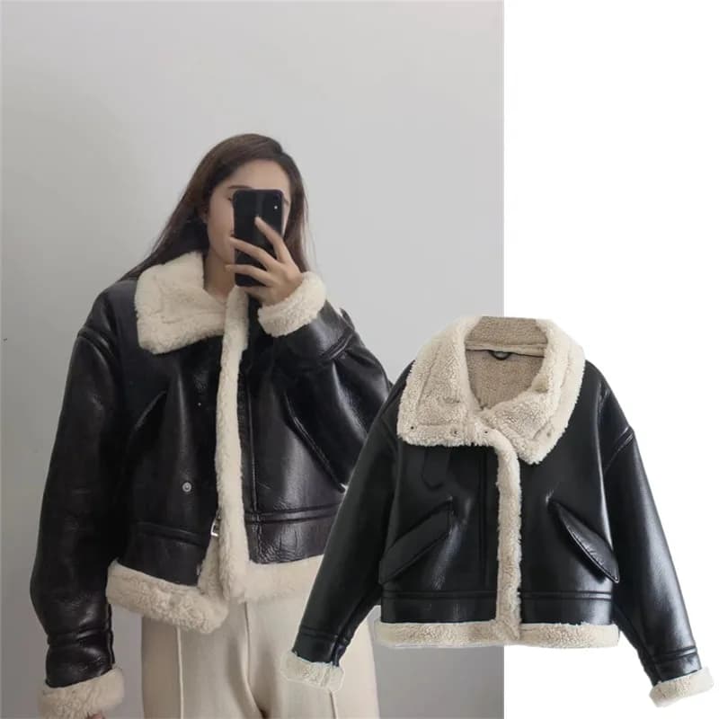 Cool ort Biker Sle Winter Jaet Fur Leather Inteated Street Sle Women's Thiened Straight Tube Design Coat