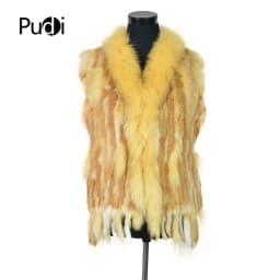 VR001-17 Womens Natural Real Rabbit Fur Vest With Raccoon Fur Collar Waistcoat/jackets Rex Rabbit Knitted