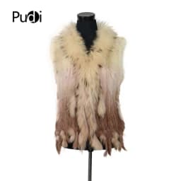 VR001-17 Womens Natural Real Rabbit Fur Vest With Raccoon Fur Collar Waistcoat/jackets Rex Rabbit Knitted
