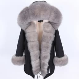 MAOMAOKONG 2026 Winter Women Coat Natural Fox Fur Collar Cuff Black Jackets Outwear Thick Luxury Real Fur Parka Women's Fur Coat