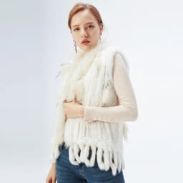 ETHEL ANDERSON Genuine Rabbit Fur Vest Gilet Tassels High Quality Real Fur Kintted Waistcoat Vtg Raccoon Fur Collar Outwear Top