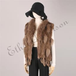 ETHEL ANDERSON Genuine Rabbit Fur Vest Gilet Tassels High Quality Real Fur Kintted Waistcoat Vtg Raccoon Fur Collar Outwear Top