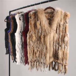 ETHEL ANDERSON Genuine Rabbit Fur Vest Gilet Tassels High Quality Real Fur Kintted Waistcoat Vtg Raccoon Fur Collar Outwear Top
