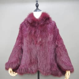 Fashion New Style Real Genuine Natural Knitted Rabbit Fur Shawl Coat With Fox Fur Collar Women's Fashion Knit Jacket Cape