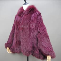 Fashion New Style Real Genuine Natural Knitted Rabbit Fur Shawl Coat With Fox Fur Collar Women's Fashion Knit Jacket Cape