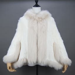 Fashion New Style Real Genuine Natural Knitted Rabbit Fur Shawl Coat With Fox Fur Collar Women's Fashion Knit Jacket Cape