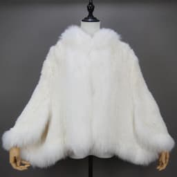 Fashion New Style Real Genuine Natural Knitted Rabbit Fur Shawl Coat With Fox Fur Collar Women's Fashion Knit Jacket Cape