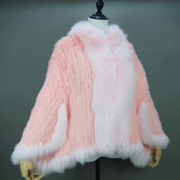 Fashion New Style Real Genuine Natural Knitted Rabbit Fur Shawl Coat With Fox Fur Collar Women's Fashion Knit Jacket Cape