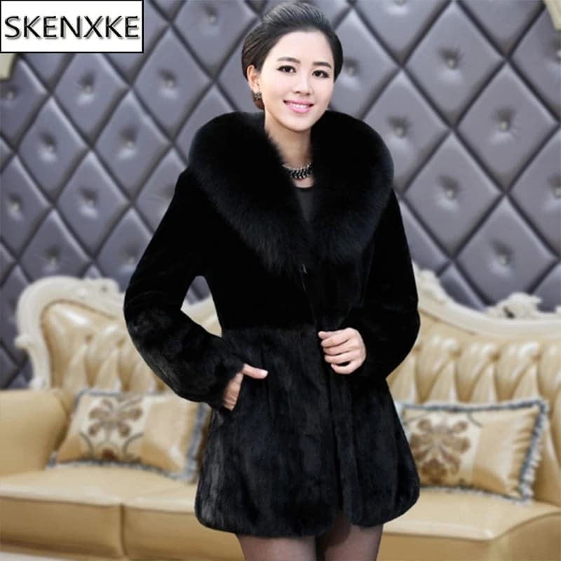 Hot Sale Women Winter Long Style 100% Real Rabbit Fur Coat with Fox Fur Collar Warm Thick Rabbit Fur Jacket Female Real Fur Coat