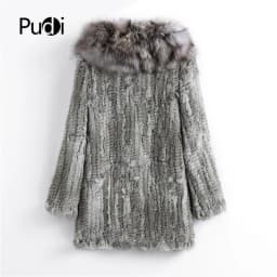 CT903 Pudi New Autumn Women Genuine Rabbit Fur Coat With Real Fox Collar Lady Casual Winter Jacket Trench