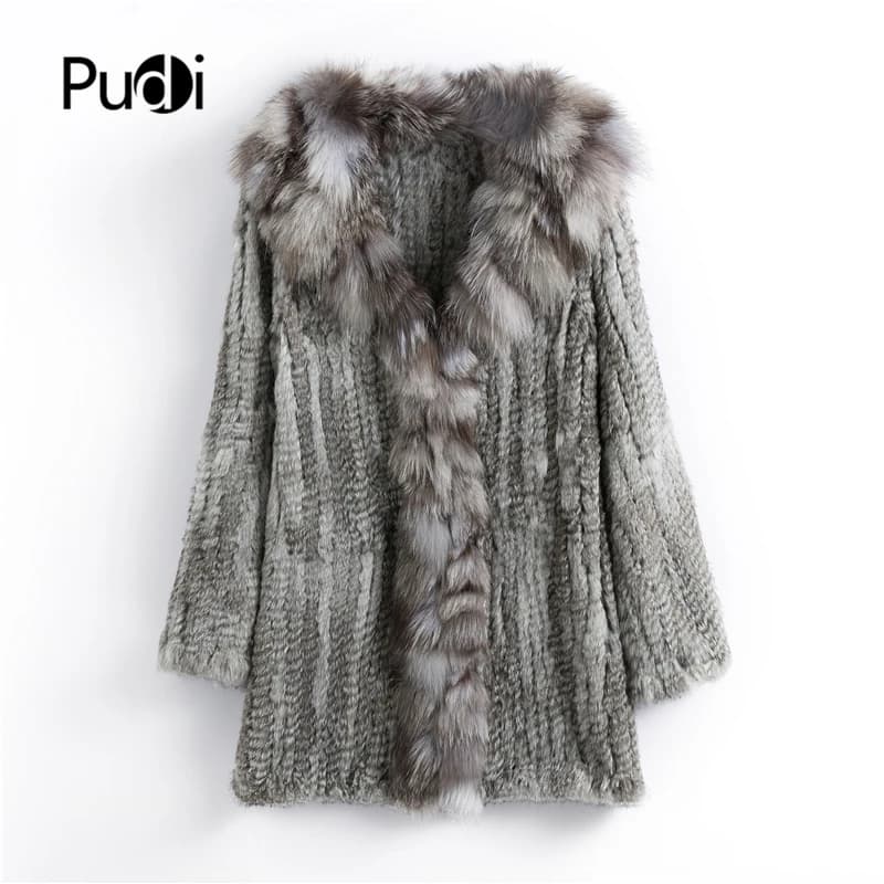 CT903 Pudi New Autumn Women Genuine Rabbit Fur Coat With Real Fox Collar Lady Casual Winter Jacket Trench