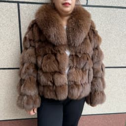 HUA QIU MEI SI Women's Natural Fox Fur Jacket with Fox Collar for Winter Warmth, Short Style Real Fox Fur Leather Jacket