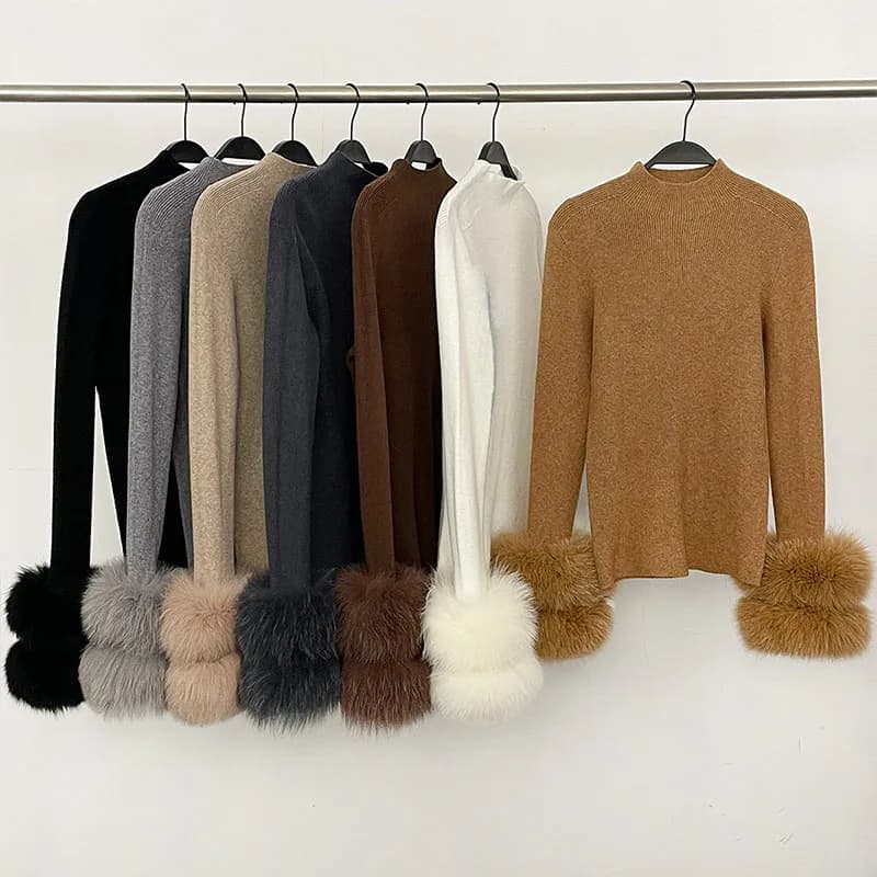 Slim Fit Half Turtleneck Top Clothes Female Women's Knit Sweater with Detachable Cuffs Fox Fur Warm Winter Layering Piece