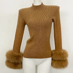 Slim Fit Half Turtleneck Top Clothes Female Women's Knit Sweater with Detachable Cuffs Fox Fur Warm Winter Layering Piece