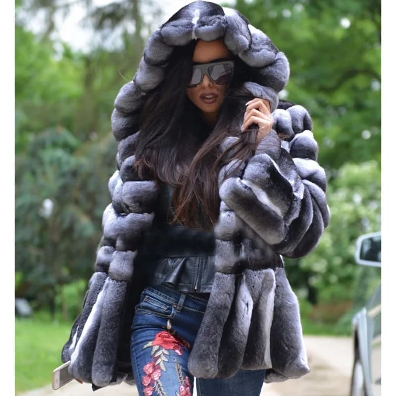 new brand of fur Coat Winter Fur Jacket For Women Thick Warm Rex Rabbit Fur Outerwear With Hood Luxury Full Pelt Jackets