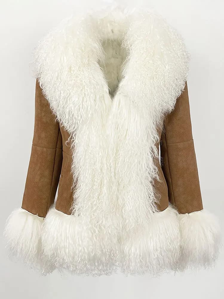 OFTBUY Autumn Winter Women Coat Real Natural Mongolia Sheep Fur Turn-down Collar New Fashion Jacket Thick Warm Casual Overwear