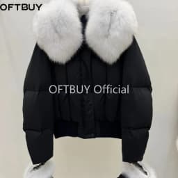 OFTBUY Real Fox Fur Collar Detachable Fur Gloves Winter Solid Puffer Color Outerwear Women Cropped Bomber Duck Down Jacket