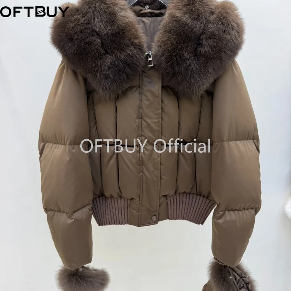 OFTBUY Real Fox Fur Collar Detachable Fur Gloves Winter Solid Puffer Color Outerwear Women Cropped Bomber Duck Down Jacket