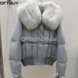 OFTBUY Real Fox Fur Collar Detachable Fur Gloves Winter Solid Puffer Color Outerwear Women Cropped Bomber Duck Down Jacket