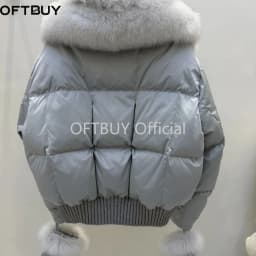 OFTBUY Real Fox Fur Collar Detachable Fur Gloves Winter Solid Puffer Color Outerwear Women Cropped Bomber Duck Down Jacket
