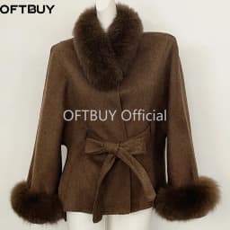 OFTBUY New Winter Natural Fur Woolen Jacket Women Luxury Short 100% Wool Coat Real Fox Fur Collar Belted Waist Outerwear Female