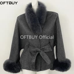 OFTBUY New Winter Natural Fur Woolen Jacket Women Luxury Short 100% Wool Coat Real Fox Fur Collar Belted Waist Outerwear Female