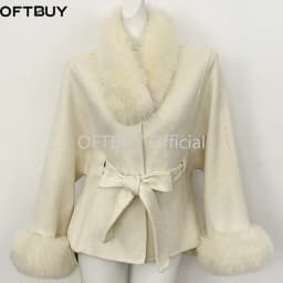 OFTBUY New Winter Natural Fur Woolen Jacket Women Luxury Short 100% Wool Coat Real Fox Fur Collar Belted Waist Outerwear Female