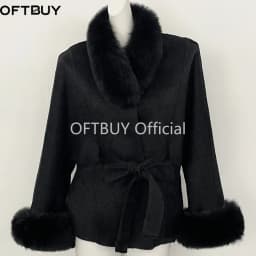 OFTBUY New Winter Natural Fur Woolen Jacket Women Luxury Short 100% Wool Coat Real Fox Fur Collar Belted Waist Outerwear Female
