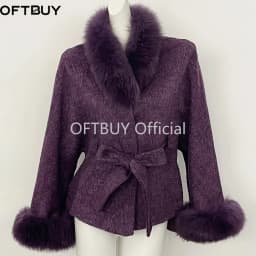 OFTBUY New Winter Natural Fur Woolen Jacket Women Luxury Short 100% Wool Coat Real Fox Fur Collar Belted Waist Outerwear Female