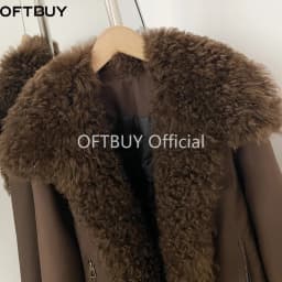 OFTBUY 2026 New Winter Women Real Lamb Fur Collar Duck Down Parka Female Warm Puffer Jacket Chic Fashion Casual Coat Outerwear