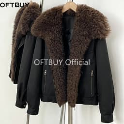 OFTBUY 2026 New Winter Women Real Lamb Fur Collar Duck Down Parka Female Warm Puffer Jacket Chic Fashion Casual Coat Outerwear