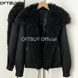 OFTBUY 2026 New Winter Women Real Lamb Fur Collar Duck Down Parka Female Warm Puffer Jacket Chic Fashion Casual Coat Outerwear