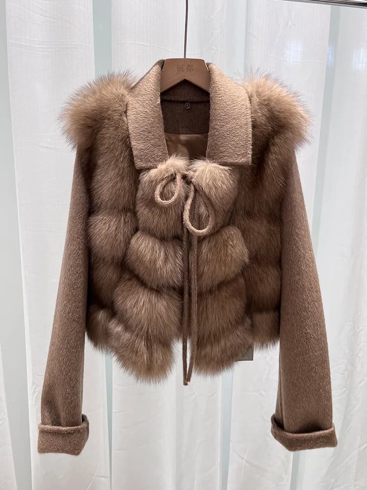 2025 New Women Winter Natural Real Fox Fur Coat Thick Warm Wool Woolen Jacket Cusual Female Outerwear