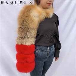 HUAQIUMEISI Natural Real Fox Fur Single and Double Sleeves Women Fur Coat with a Pair of Sleeves Natural Raccoon Fur Jackets