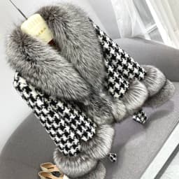 Real Fur Coat Winter Jacket Women Natural Fox Fur Collar silver fox color Belts Thick Warm Luxury Plaid Outerwear