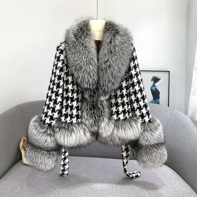 Real Fur Coat Winter Jacket Women Natural Fox Fur Collar silver fox color Belts Thick Warm Luxury Plaid Outerwear