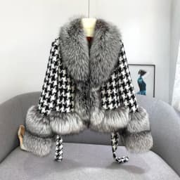 Real Fur Coat Winter Jacket Women Natural Fox Fur Collar silver fox color Belts Thick Warm Luxury Plaid Outerwear