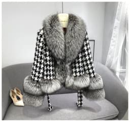 Real Fur Coat Winter Jacket Women Natural Fox Fur Collar silver fox color Belts Thick Warm Luxury Plaid Outerwear