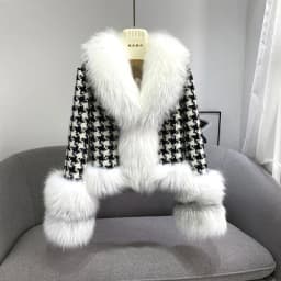 Real Fur Coat Winter Jacket Women Natural Fox Fur Collar silver fox color Belts Thick Warm Luxury Plaid Outerwear