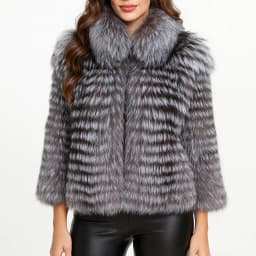 Lady Striped Real Silver Fox Fur Coat Short Jacket Spring Autumn Luxury Elegant Big Size Clothes Luxurious With Fur Collar 2107