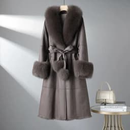 2023 New Rabbit Fur One Piece Coat for Women Mid length Fox Fur Collar Lace up Slim Fit Haining Fur Coat for Women