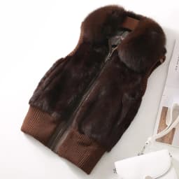 Women's Genuine Real Rabbit Fur Fox Fur Collar Knitting Women's Winter vest Fur Jacket Casual Short Outwear Slim with zipper