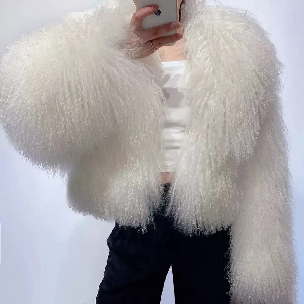 New brand real fur Short genuine fur coat Mongolia Sheep Fur long sleeves women's warm jacket