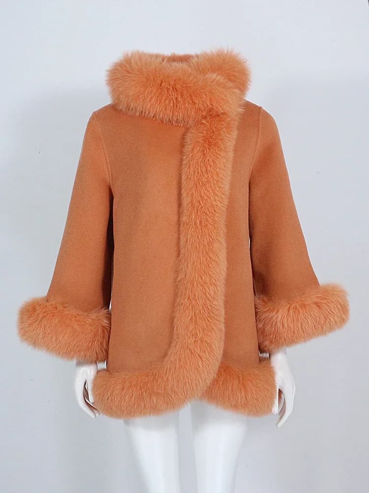 OFTBUY Real Fur Coat Winter Jacket Women Natural Fox Fur Collar Cashmere Wool Woolen Ladies Outerwear Streetwear Fashion