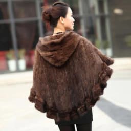 Fashion Women Fur Shawl Winter Knitted Real Mink Fur Stole With Fur Hood Knitted Mink Poncho Pashmina