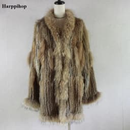 Spain Russia USA Canada popular Women knitted real genuine real rabbit fur coat overcoat jackets garment raccoon collar